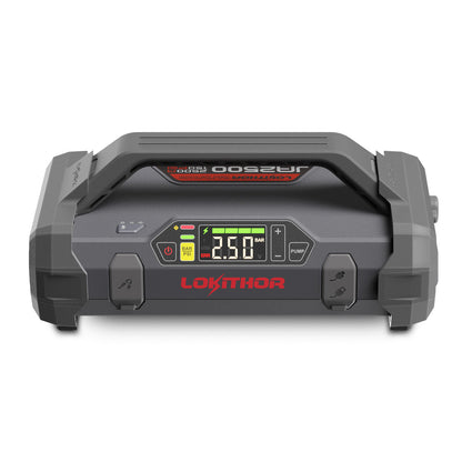 Front view of Lokithor JA2500 12V jump starter power bank with built-in air compressor and digital pressure display