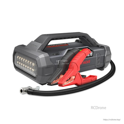 Lokithor JA2500 12V jump starter with carry handle, LED work light, red/black clamps and braided air hose