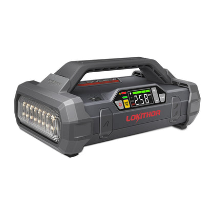 Lokithor JA2500 portable jump starter with built-in inflator, digital PSI/BAR display, control buttons, and front LED light