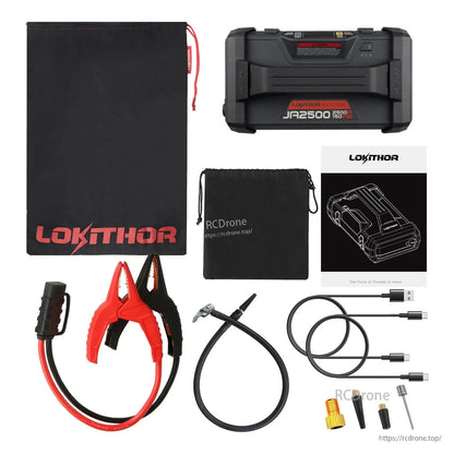 Lokithor JA2500 12V jump starter kit with JA2500 unit, jumper clamps, inflator hose, USB cables, manual and bags