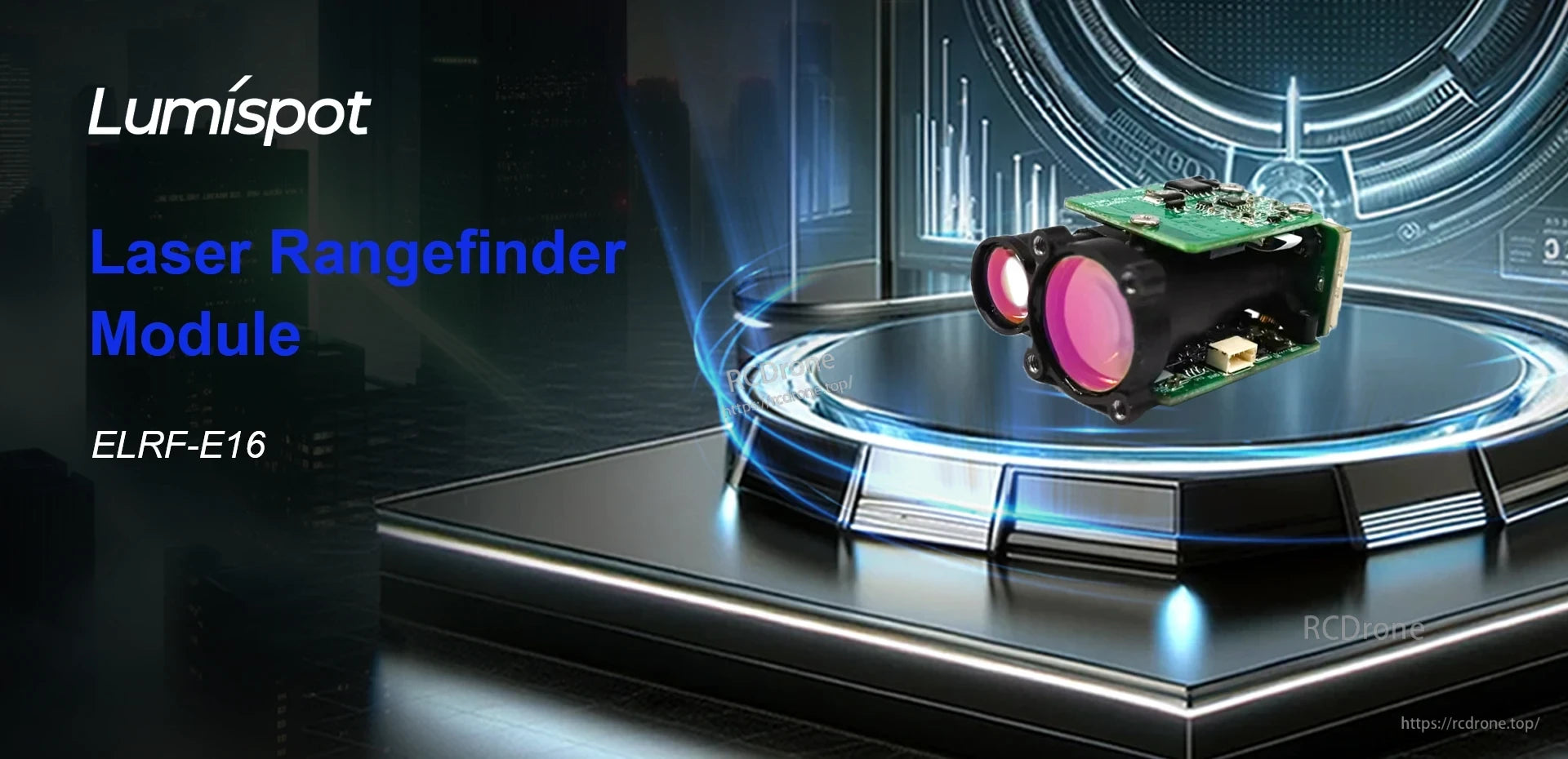 Lumispot E16 Laser Rangefinder, 1535nm erbium laser source with adjustable ranging frequency, accurate measurement, and compact dimensions for various applications.