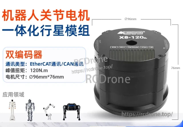 M-RMD X8-120 Servo, High-torque robotic joint motor with integrated gear, dual encoder, EtherCAT/CAN, 120N.m peak torque, compact 96x76mm design.