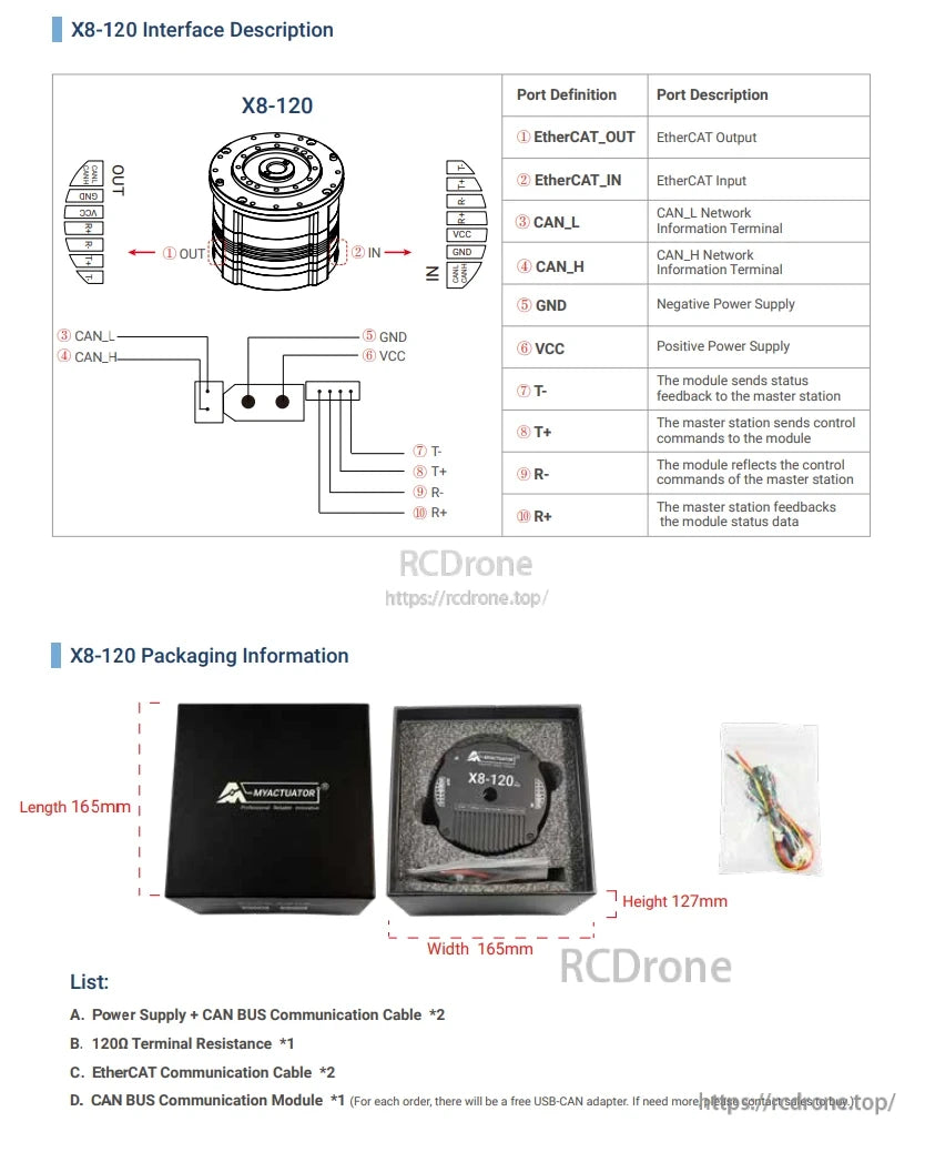 M-RMD X8-120 Servo, The Servo interface X8-120 supports EtherCAT and CAN bus, includes power, signal connections, USB-CAN adapter, power supply, cables, terminal resistance, communication module, in a 165x165x127mm package.