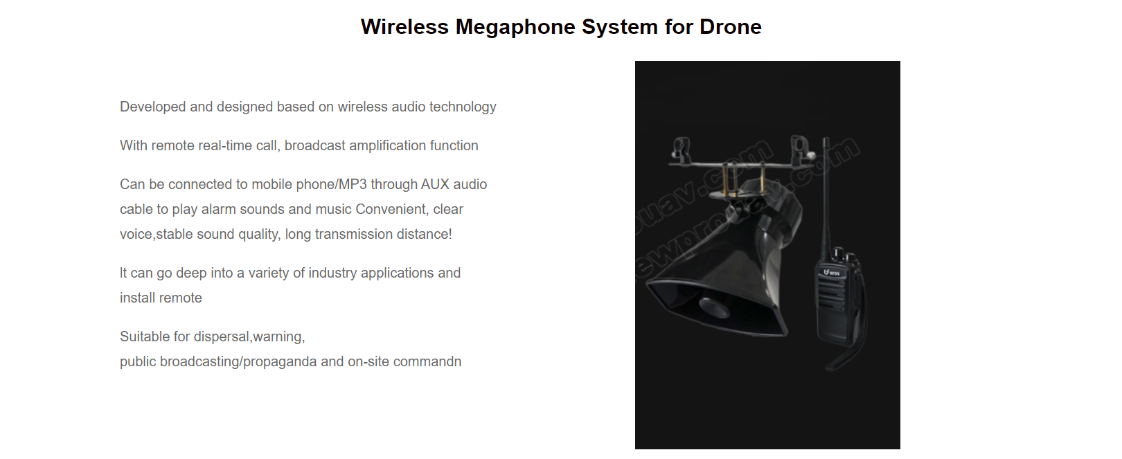 M-S01 Drone Megaphone, The M-S01 Wireless Megaphone System amplifies real-time calls and broadcasts with stable sound quality over long distances.