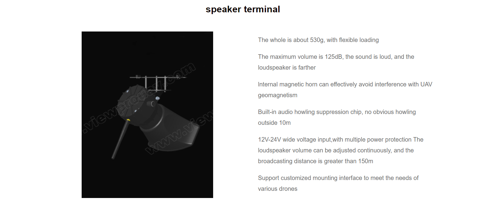 M-S01 Drone Megaphone, The M-S01 Wireless Megaphone System for Drone is a robust device that produces loud and clear audio up to 125 decibels.