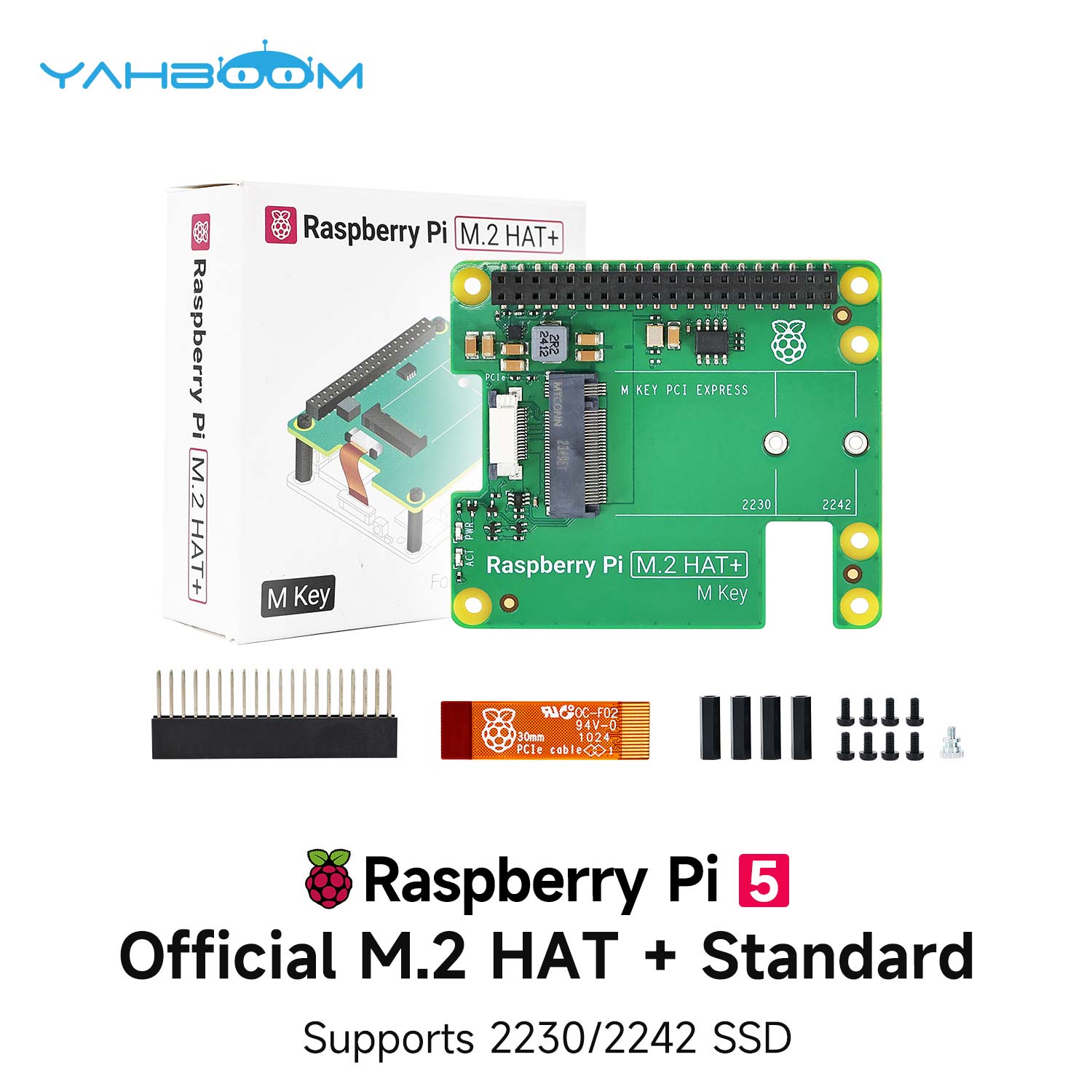 Raspberry Pi 5 official M.2 HAT+ Standard kit contents: board, box, pin header, ribbon, standoffs, screws