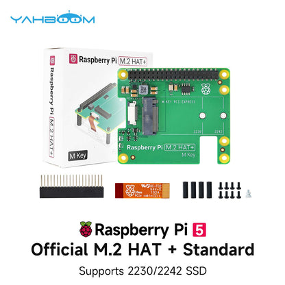 Raspberry Pi 5 official M.2 HAT+ Standard kit contents: board, box, pin header, ribbon, standoffs, screws
