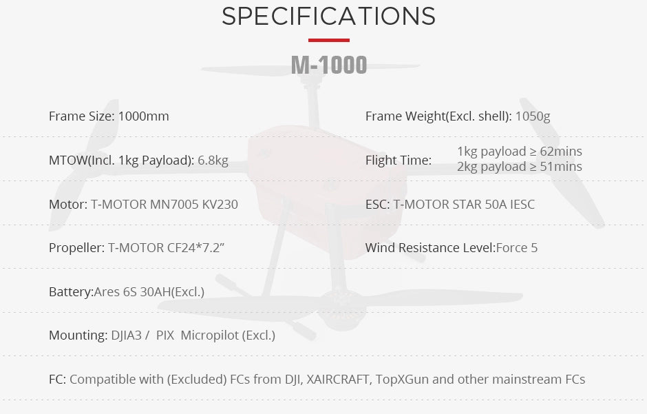 T-motor T-Drone, M-100O Frame Size: 100Omm Frame Weight(Excl. shell)