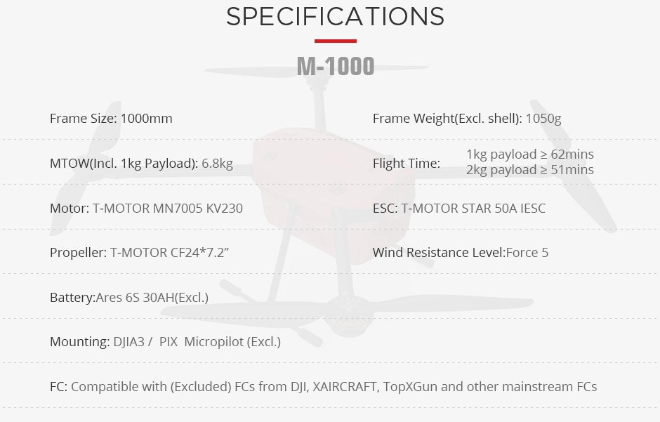 T-motor T-Drone M1000 Industrial Drone - 4 Axis 10KM 2KG Payload 62 Minutes Long Flight Time Long Range Aircraft Frame+T-MOTOR Power System 8 T-motor T-Drone, M-100O Frame Size: 100Omm Frame Weight(Excl. shell)