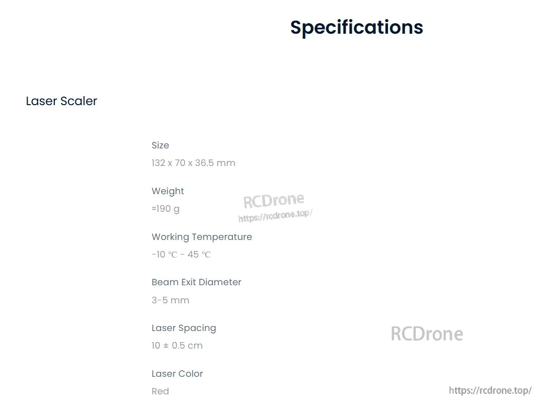M2 Laser Scaler, Laser scaler: 132x70x36.5mm, 190g, operates -10°C to 45°C, red laser beam 3-5mm wide, 10±0.5cm spacing.