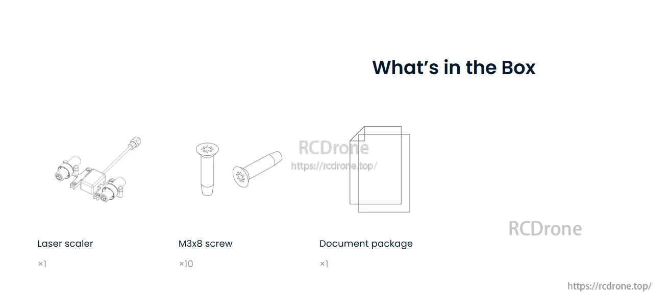 M2 Laser Scaler, Box includes laser scaler, 10 M3x8 screws, and document package.