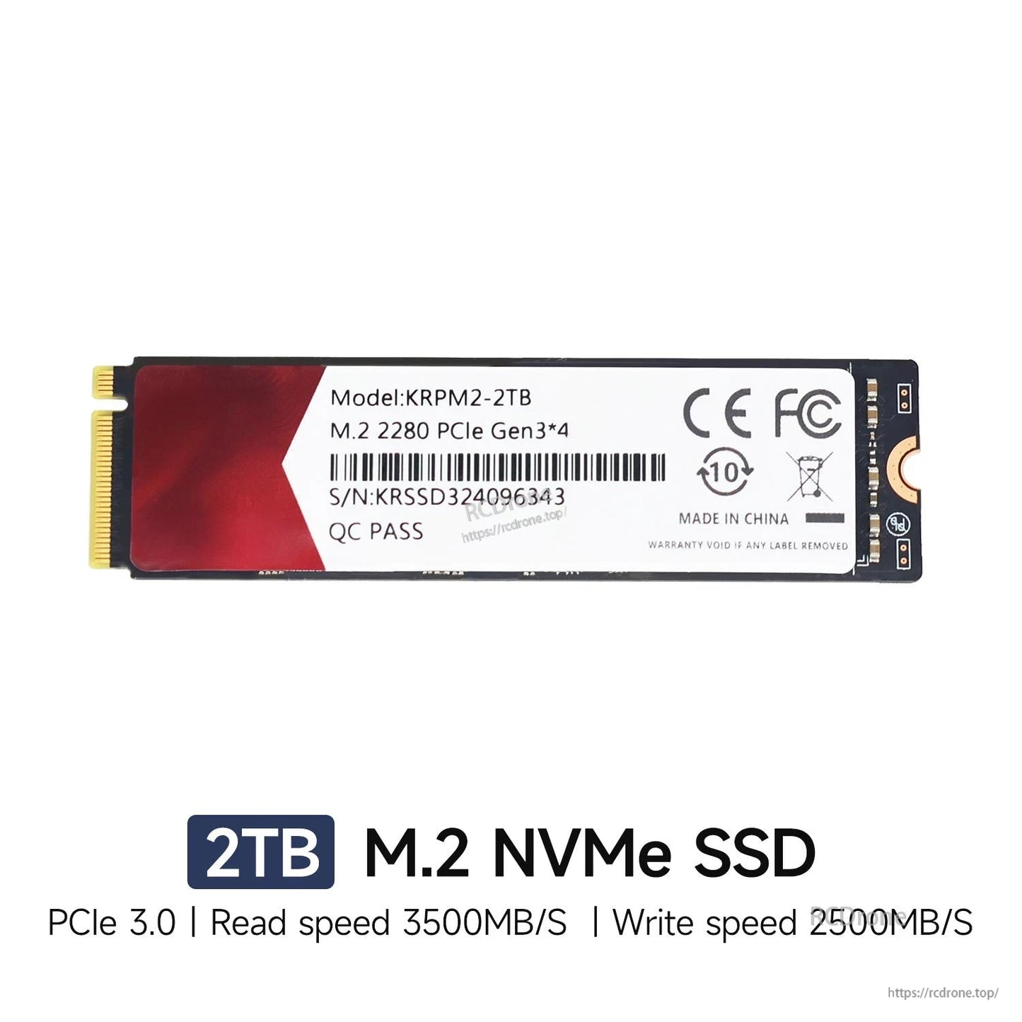 2TB M.2 NVMe SSD product card showing PCIe 3.0 and printed read/write speeds