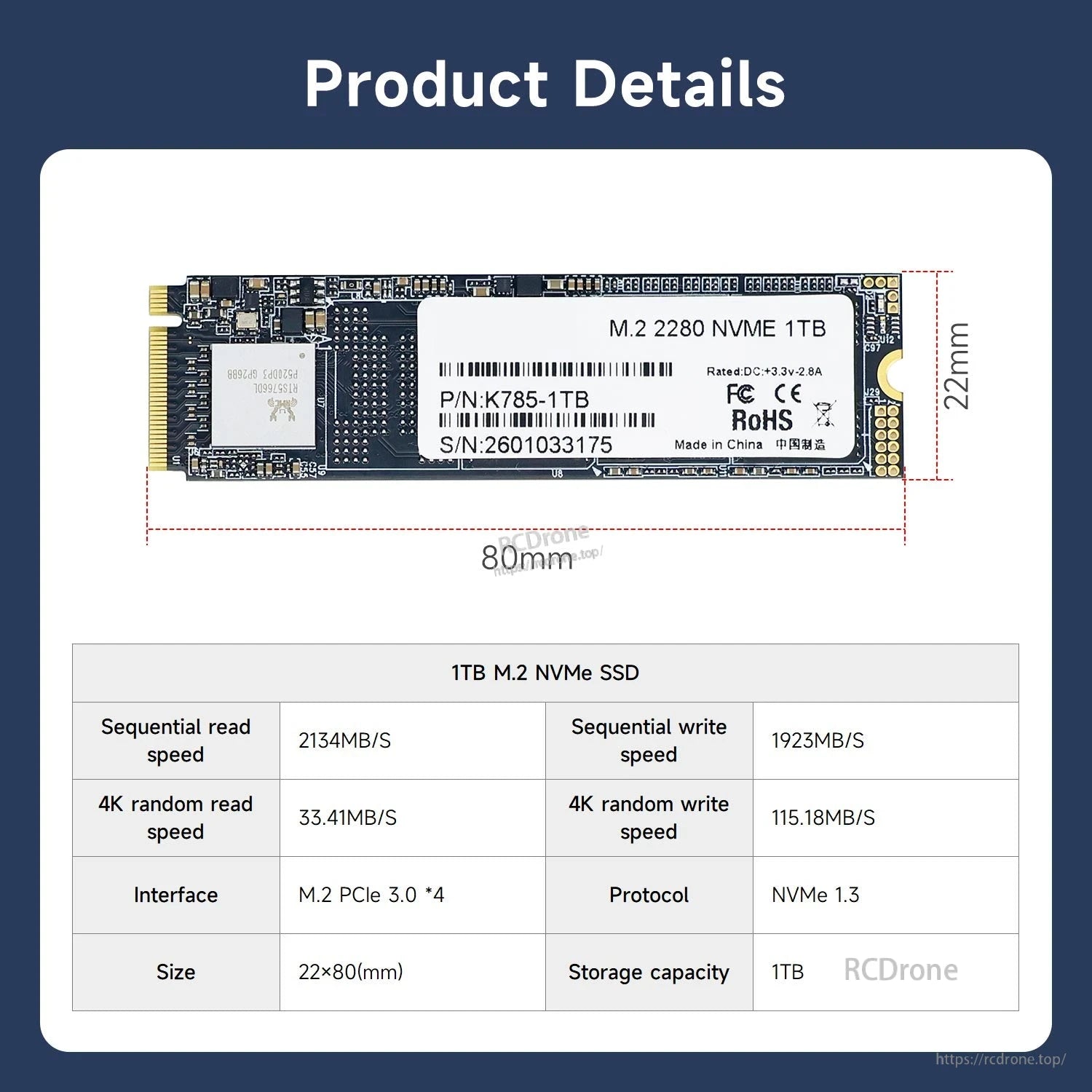1TB M.2 2280 NVMe SSD product details with 22×80mm dimensions and spec table