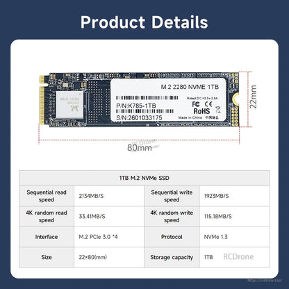 1TB M.2 2280 NVMe SSD product details with 22×80mm dimensions and spec table