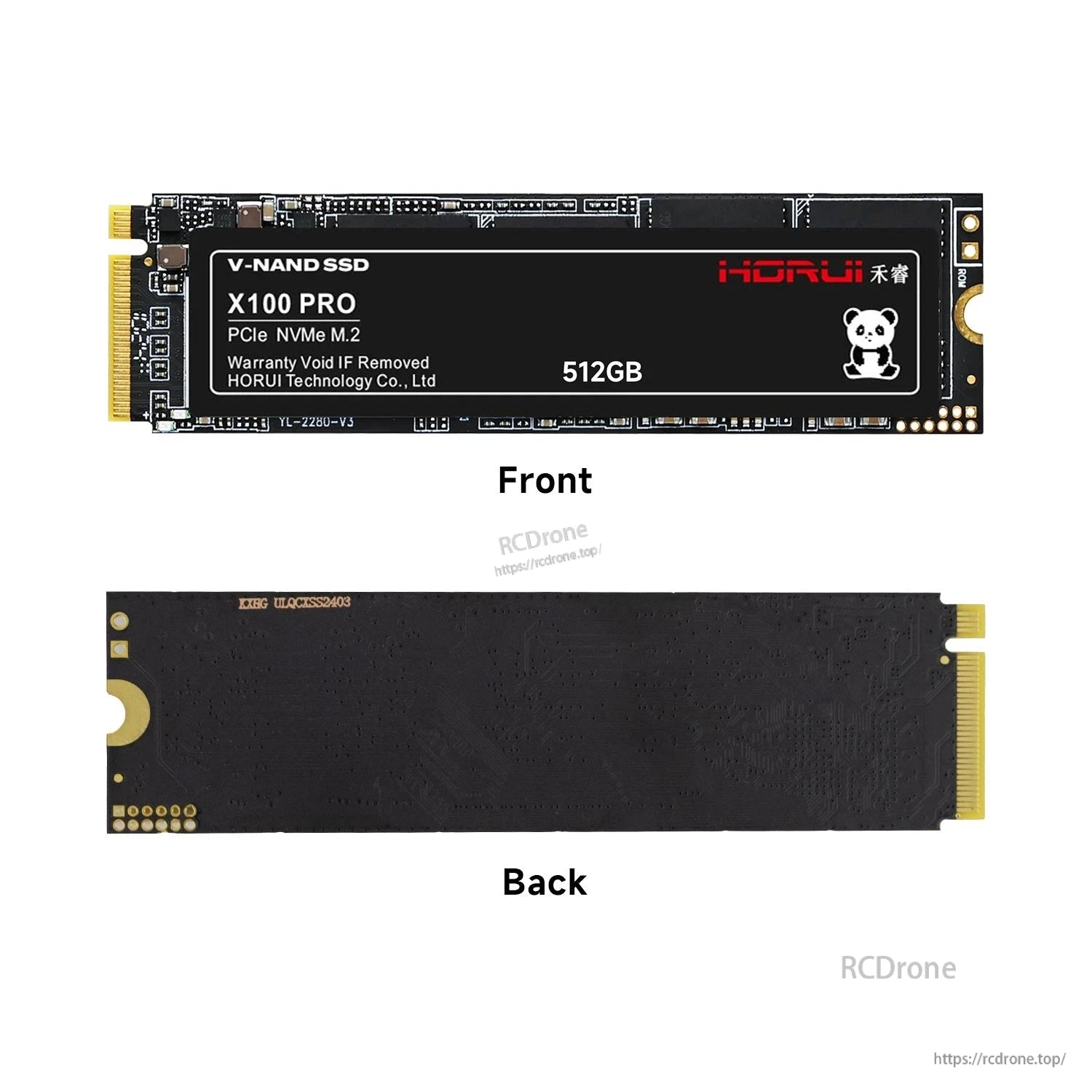 512GB M.2 2280 SSD front and back views with X100 PRO label and blank rear PCB