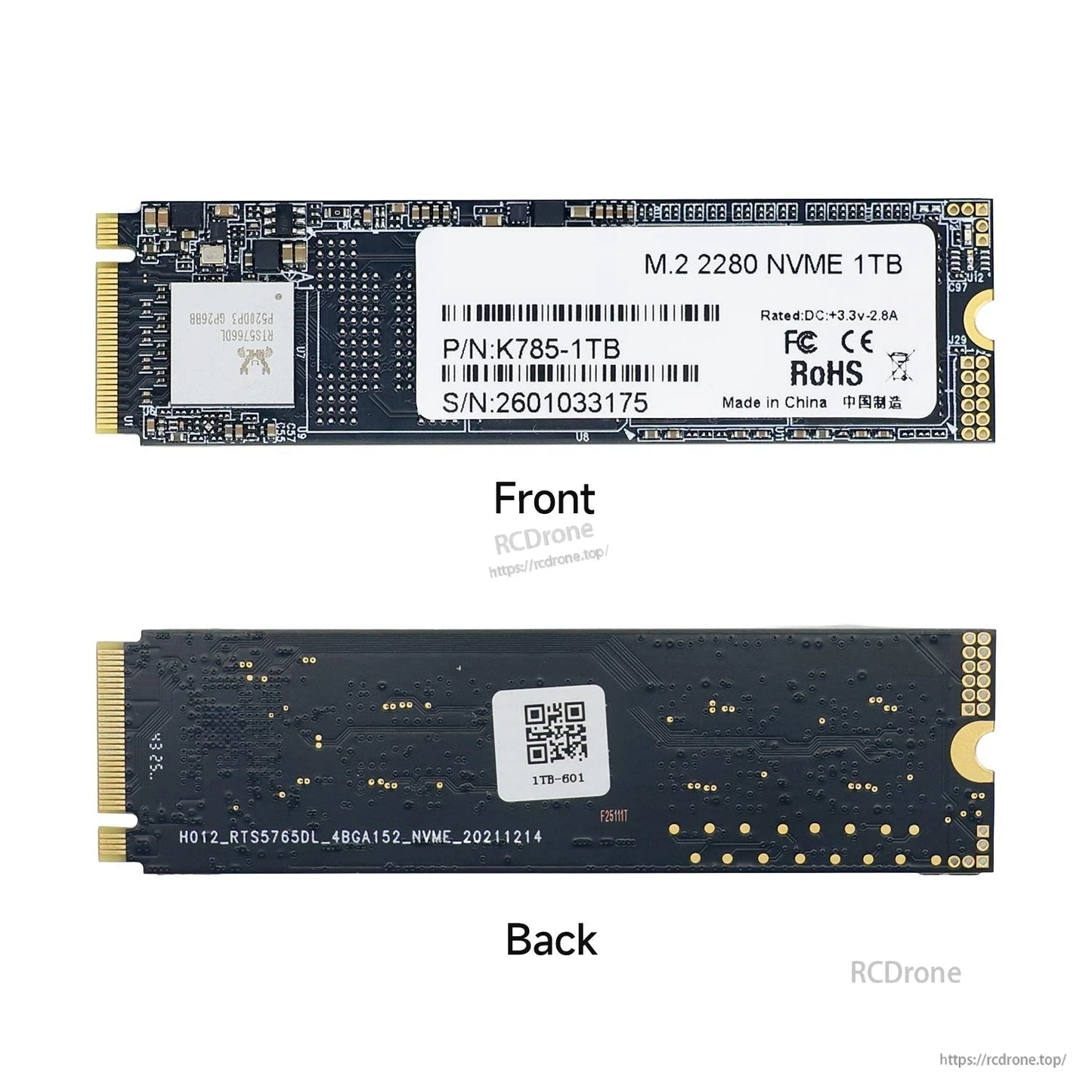 1TB M.2 2280 SSD front and back views showing label side and rear PCB with QR sticker