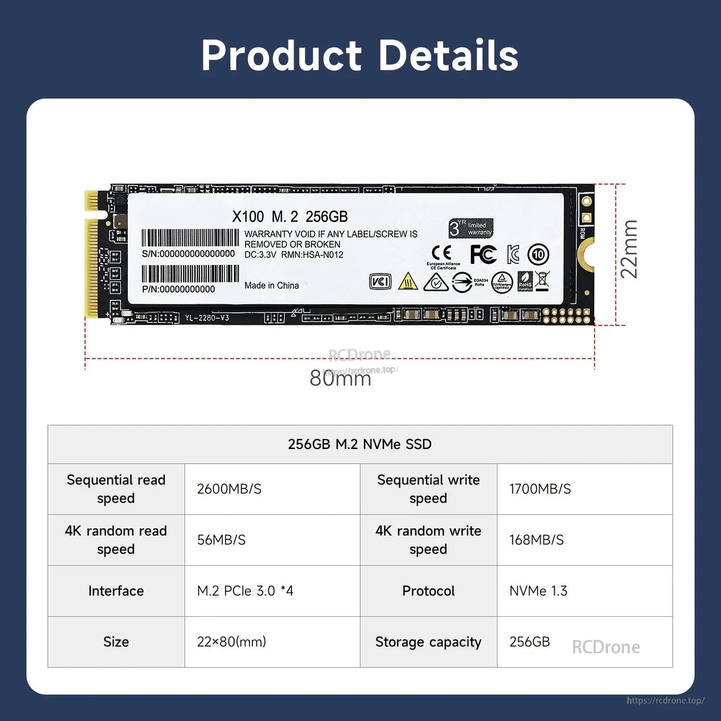 256GB M.2 2280 NVMe SSD size diagram 22×80mm with spec table and read/write figures
