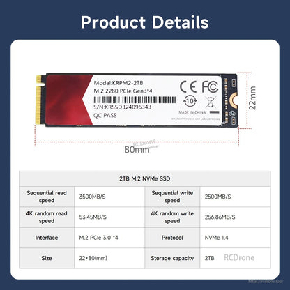 2TB M.2 2280 NVMe SSD product details with 22×80mm dimensions and spec table