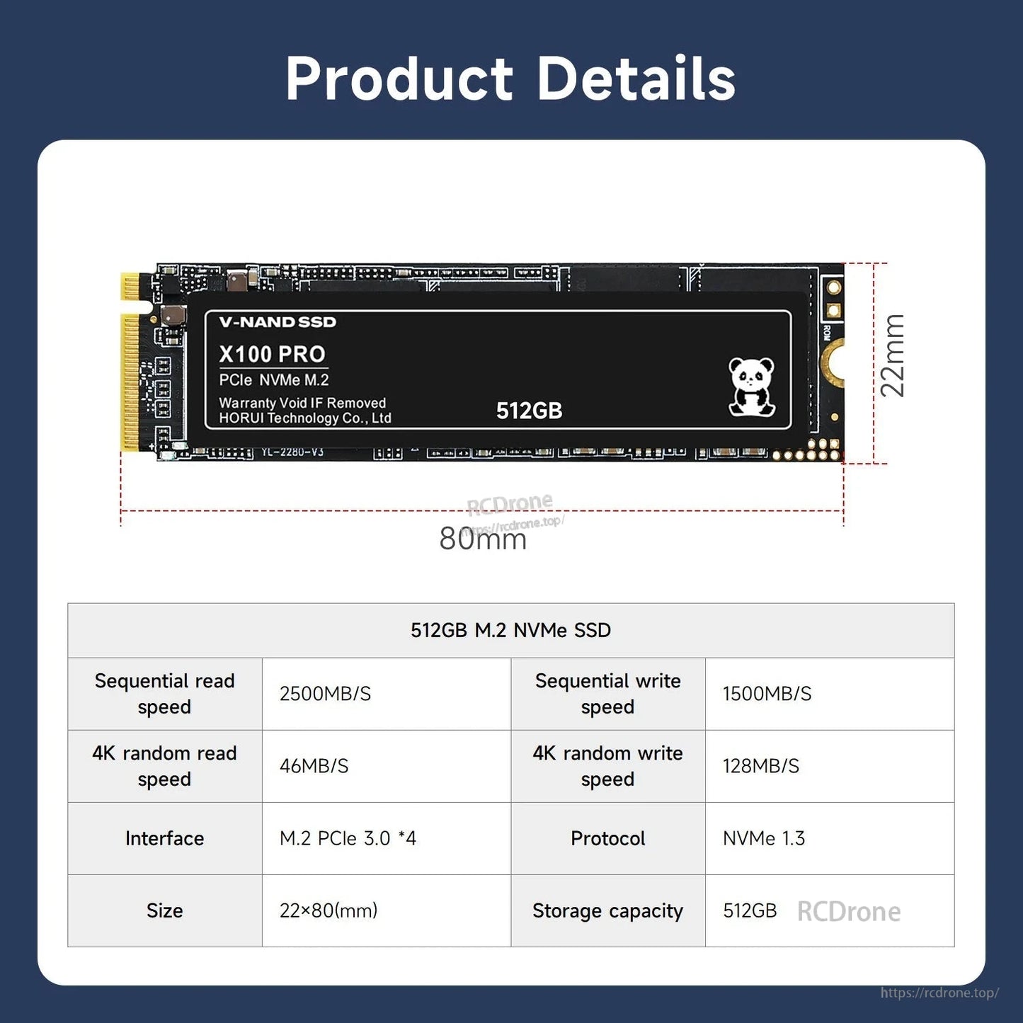 512GB M.2 2280 NVMe SSD product details graphic with 22×80mm dimensions and spec table