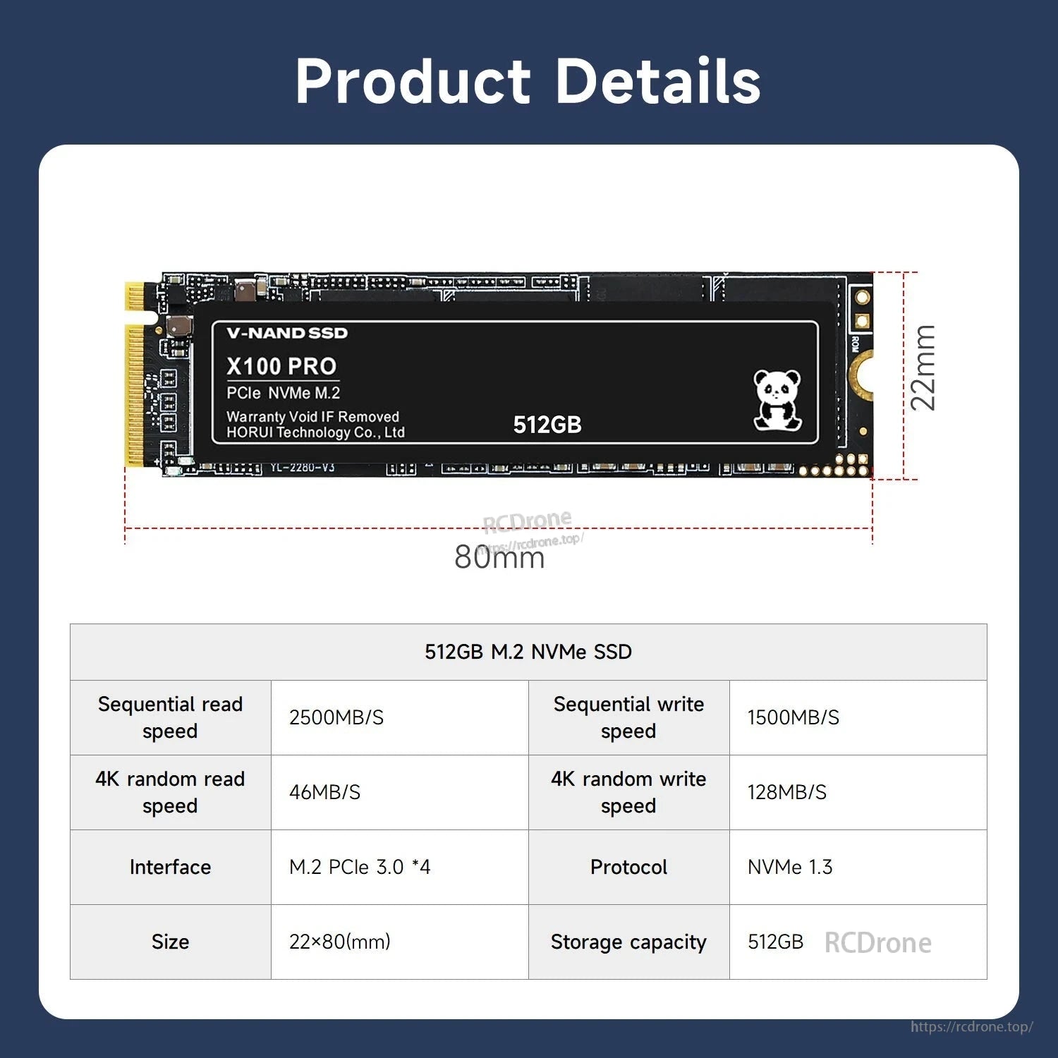 512GB M.2 2280 NVMe SSD product details graphic with 22×80mm dimensions and spec table
