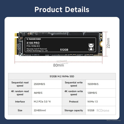 512GB M.2 2280 NVMe SSD product details graphic with 22×80mm dimensions and spec table