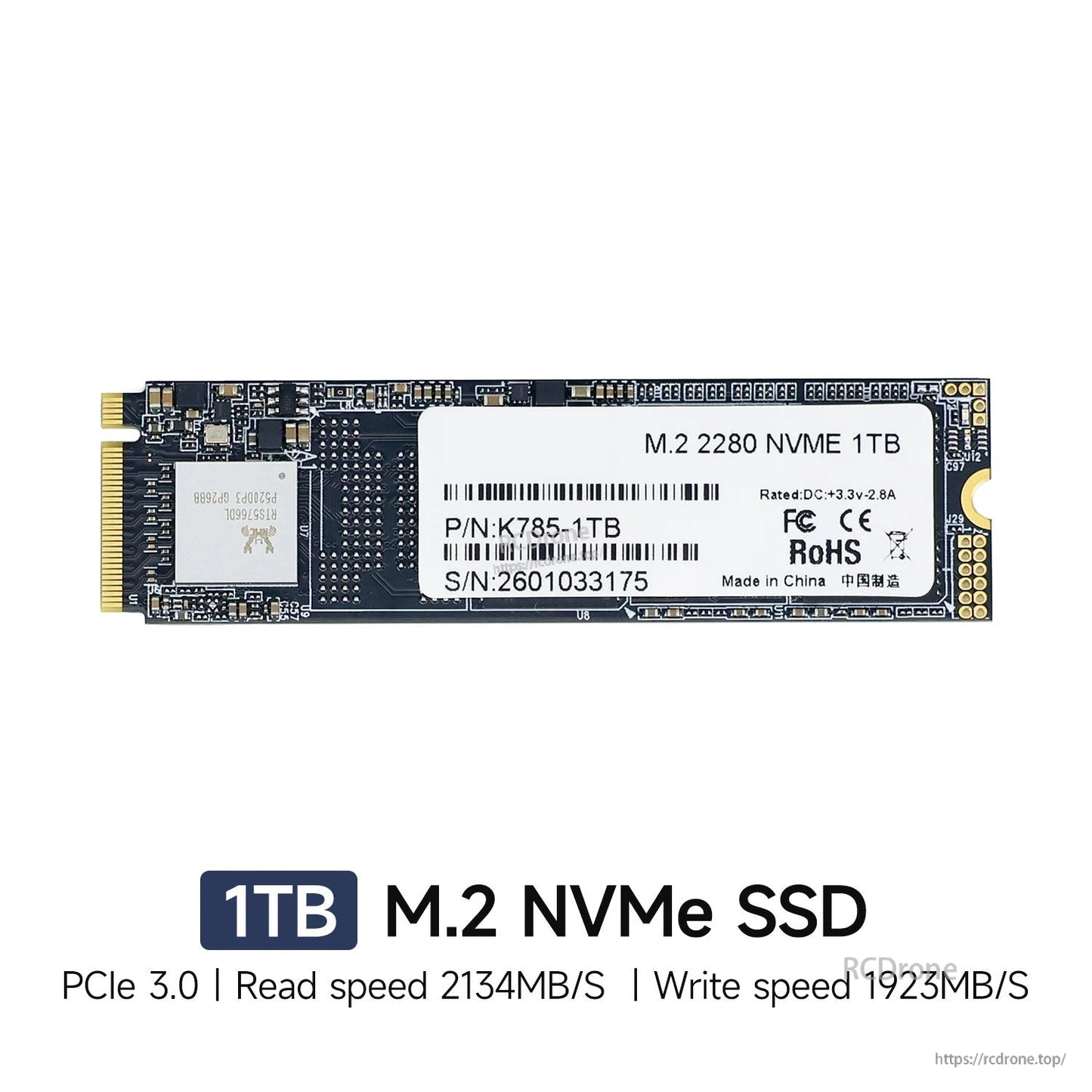 1TB M.2 NVMe SSD product card showing PCIe 3.0 and printed read/write speeds