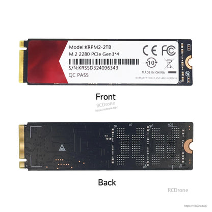 2TB M.2 2280 SSD front and back views showing label side and populated rear PCB traces