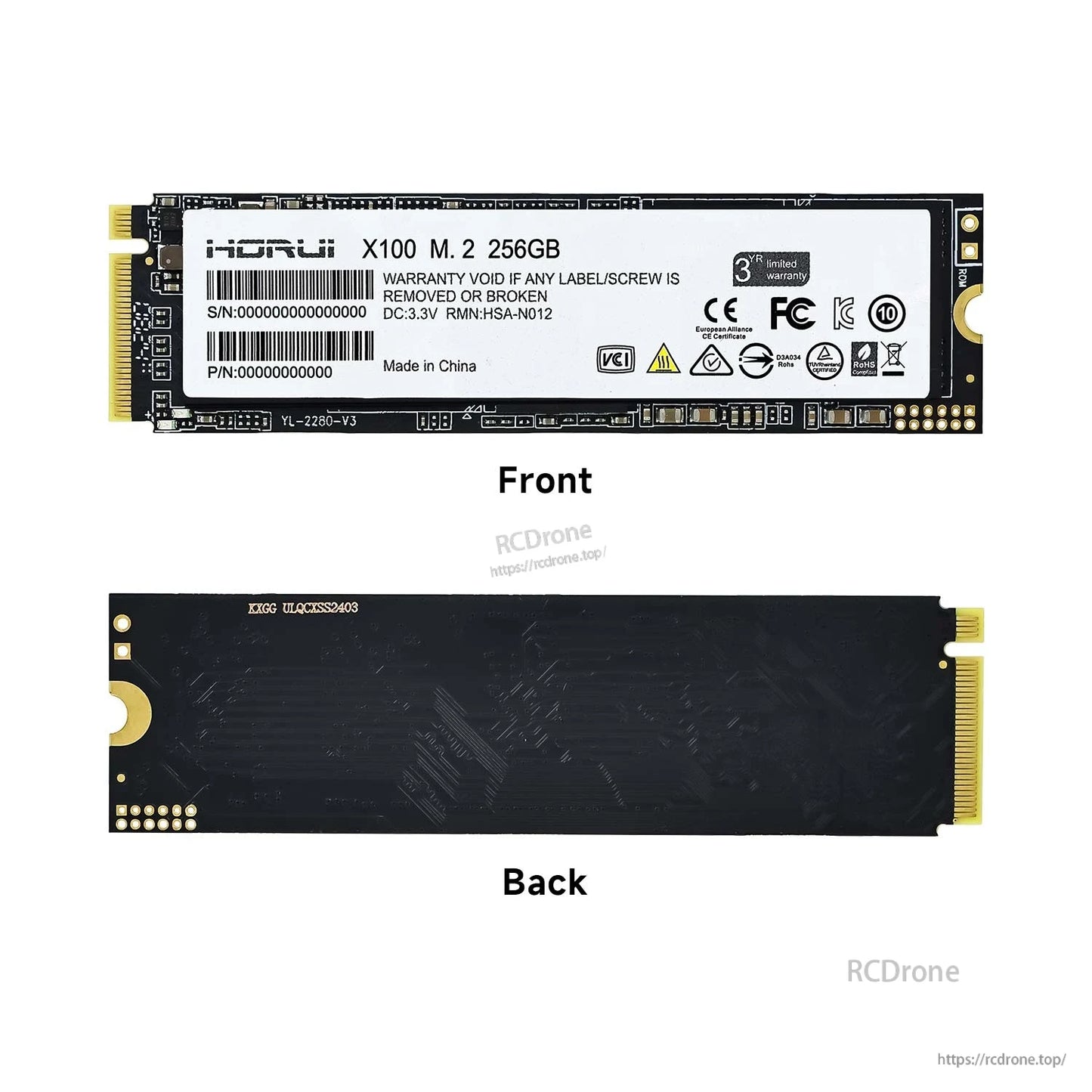 256GB M.2 2280 SSD front and back views showing label side and plain PCB rear