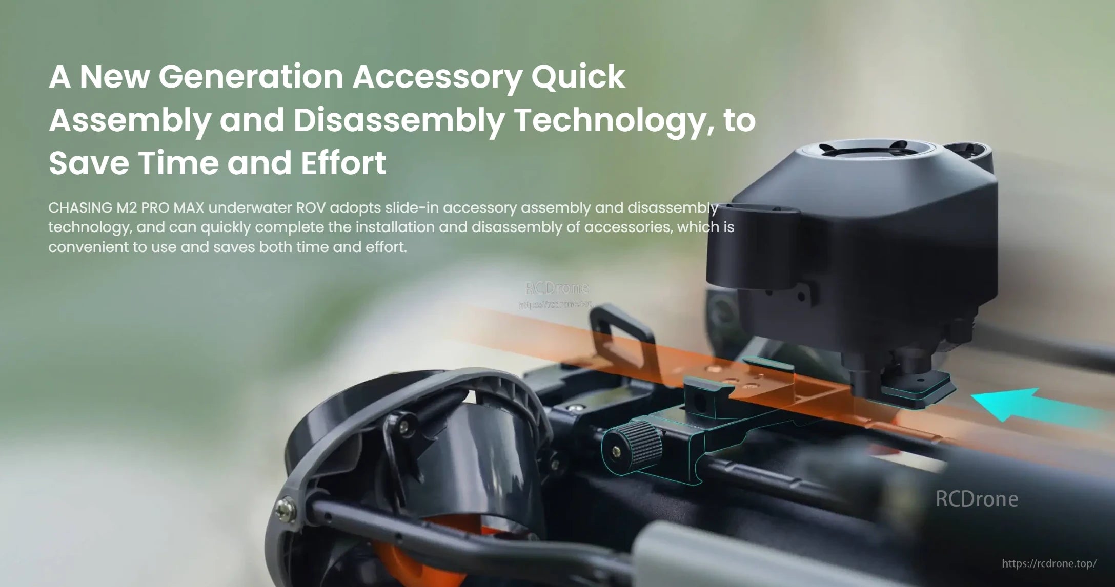 M2 Pro Max Underwater ROV, The M2 Pro Max ROV features slide-in technology for quick, easy attachment and removal of accessories, saving time and effort during setup and disassembly. (24 words)