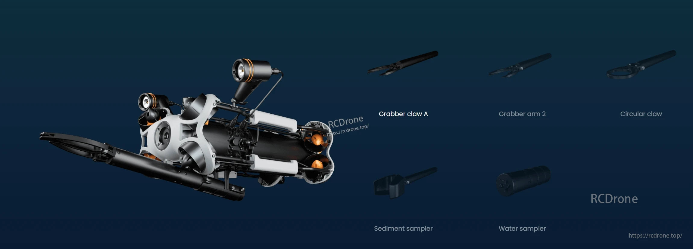 M2 Pro Max Underwater ROV, The M2 Pro Max ROV features interchangeable tools including grabber claws, and sediment and water samplers for versatile underwater tasks.