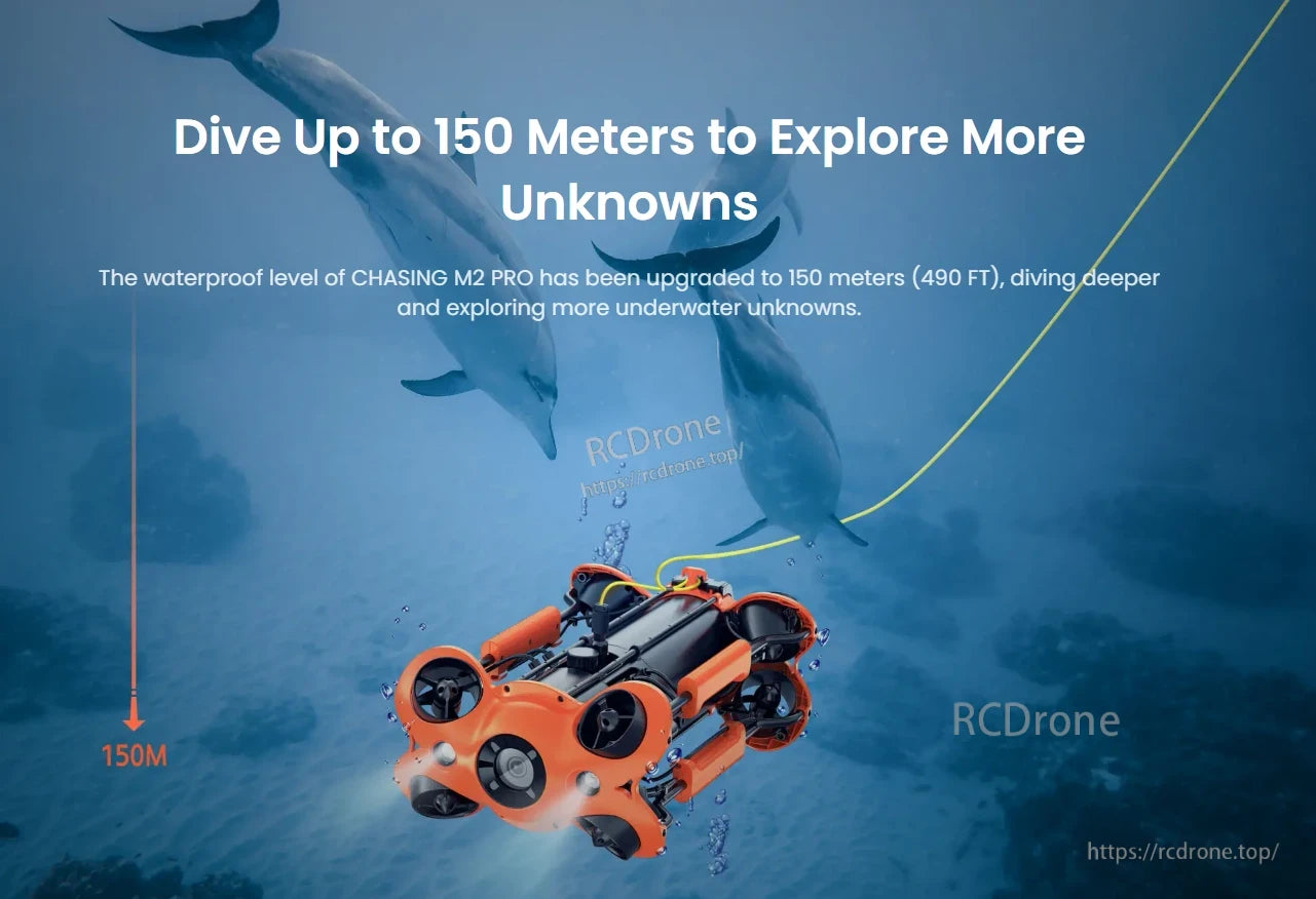 M2 Pro Underwater ROV, Dive up to 150 meters with CHASING M2 PRO for deeper underwater exploration.