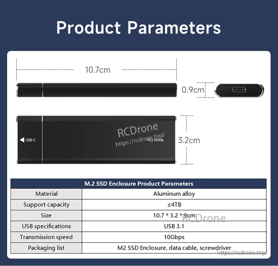 Product parameters chart showing aluminum alloy body, 10Gbps USB 3.1, ≤4TB support, and 10.7×3.2×0.9cm size