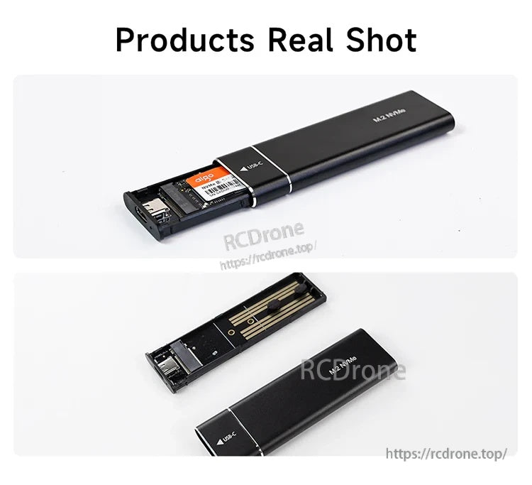 Real product photos of the M.2 NVMe SSD enclosure opened with SSD installed and internal tray visible