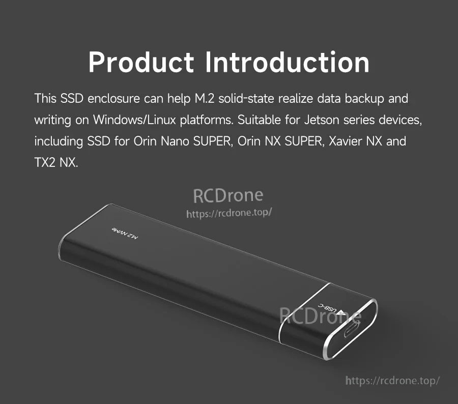 Product intro graphic of the USB‑C M.2 SSD enclosure supporting Windows/Linux and Jetson devices