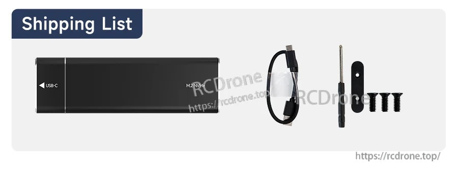 In-the-box contents: M.2 SSD enclosure, USB‑C cable, screwdriver, and four mounting screws