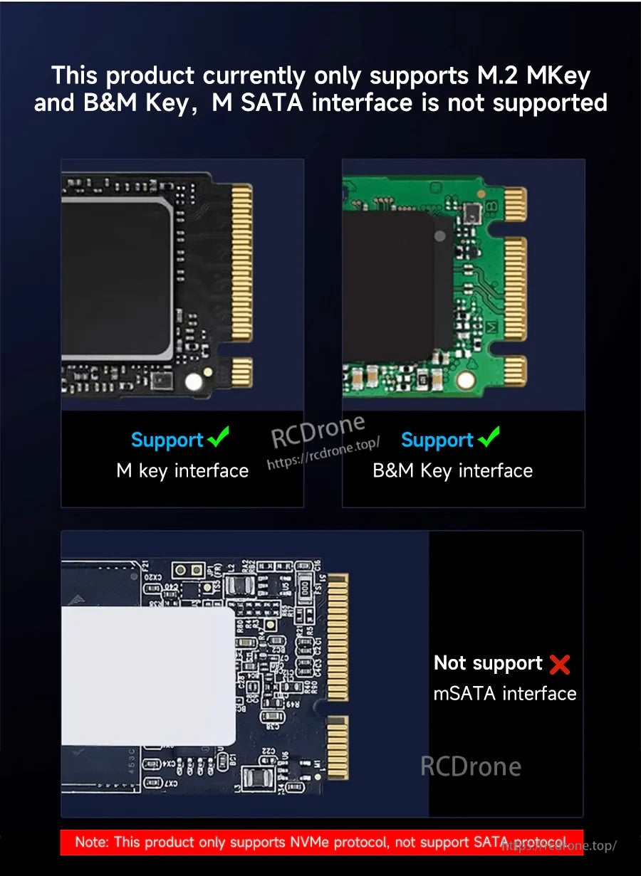 Keying compatibility: supports M‑Key and B&M‑Key NVMe; does not support mSATA or M.2 SATA