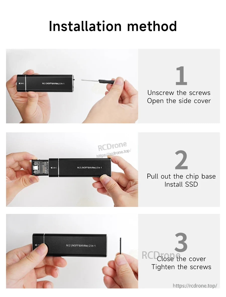 Installation steps: open side cover, insert NVMe M.2 SSD, close enclosure, and tighten screws