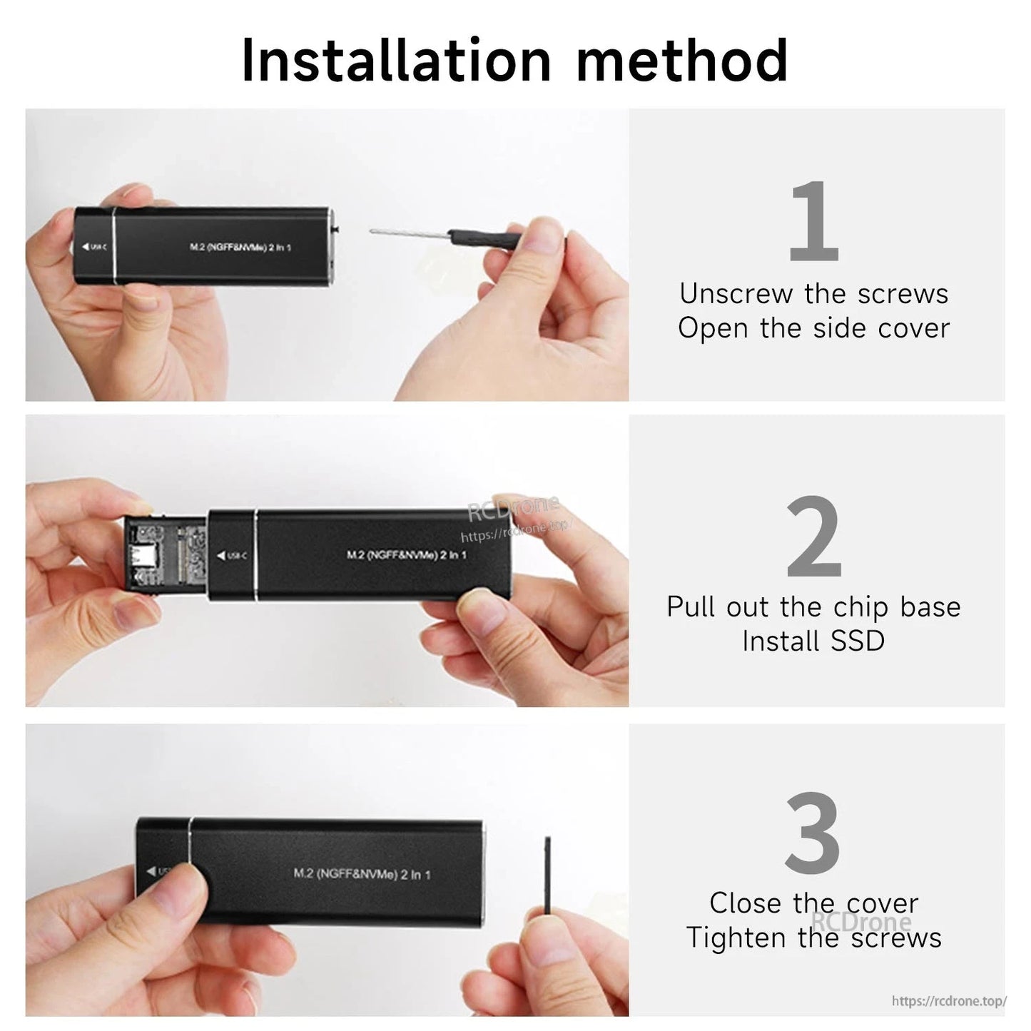 Installation method steps: unscrew cover, pull out tray, install SSD, then close cover and tighten screws
