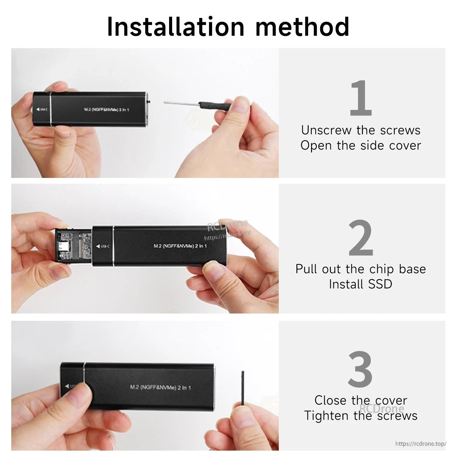 Installation method steps: unscrew cover, pull out tray, install SSD, then close cover and tighten screws