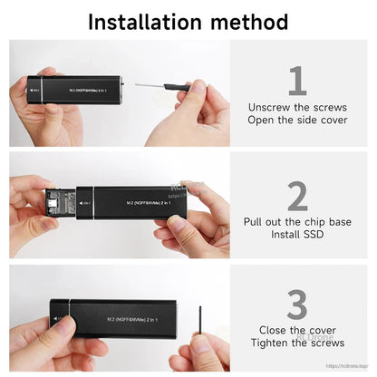 Installation method steps: unscrew cover, pull out tray, install SSD, then close cover and tighten screws