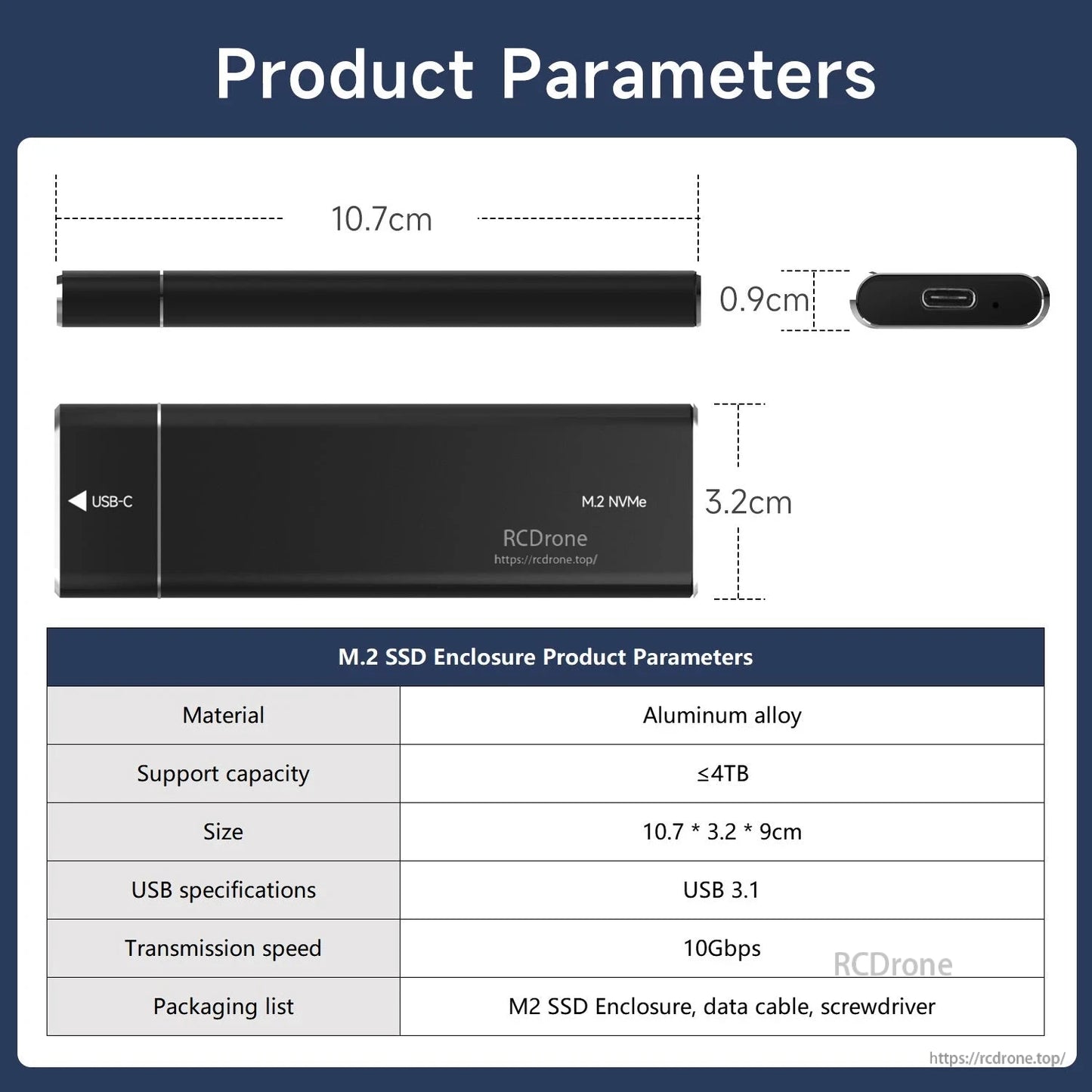 Product parameters chart showing enclosure dimensions and specs table (aluminum alloy, USB 3.1, 10Gbps, ≤4TB)