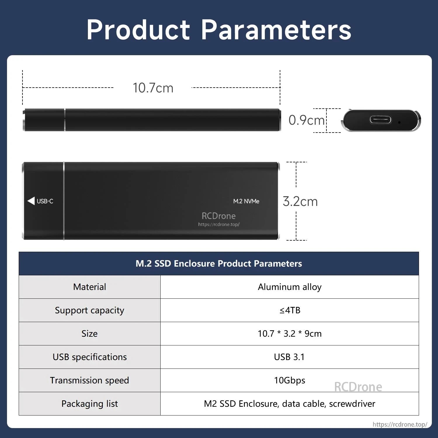 Product parameters chart showing enclosure dimensions and specs table (aluminum alloy, USB 3.1, 10Gbps, ≤4TB)