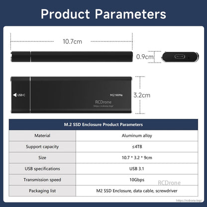 Product parameters chart showing enclosure dimensions and specs table (aluminum alloy, USB 3.1, 10Gbps, ≤4TB)