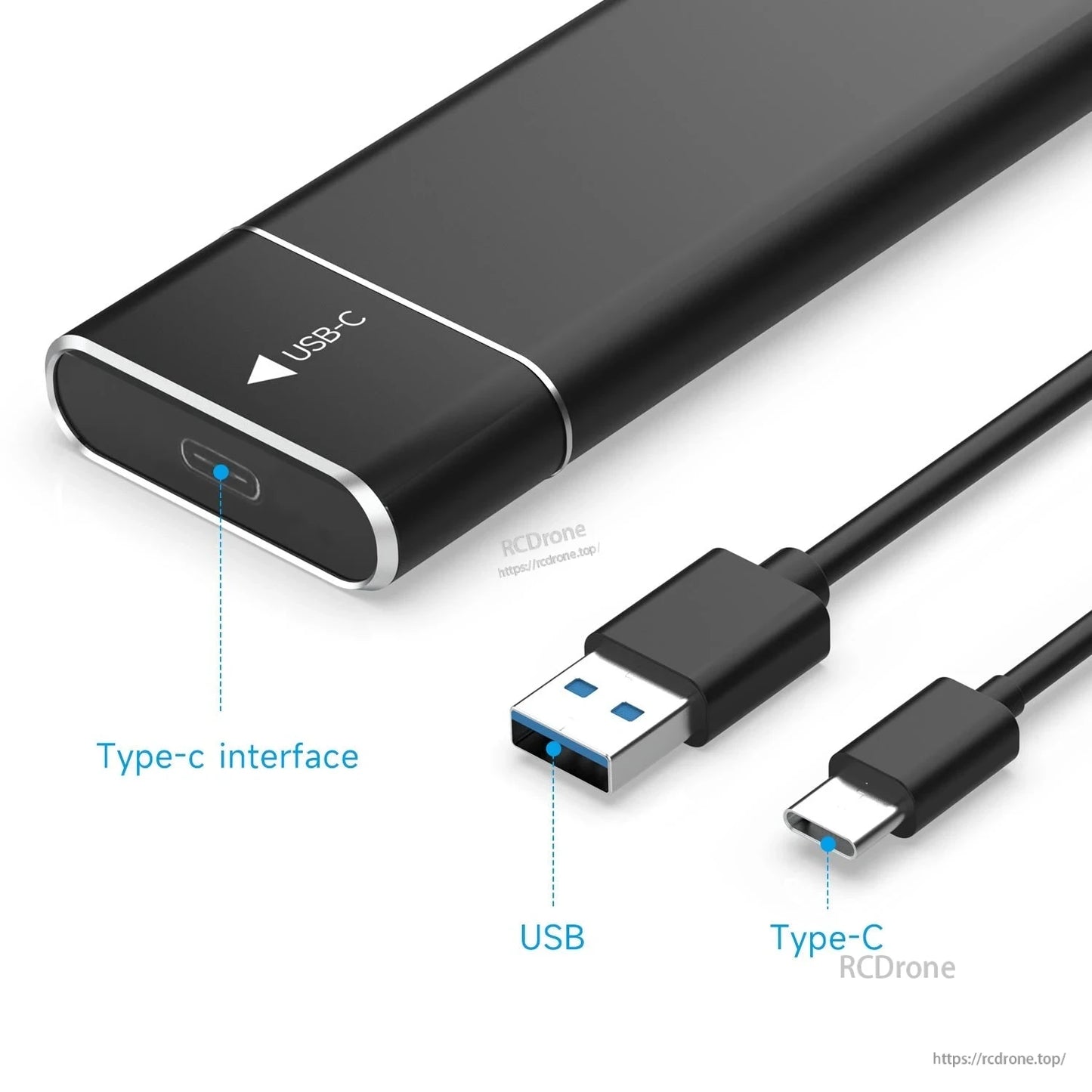 USB-C port close-up with USB-A to USB-C cable and labeled Type-C interface on enclosure end