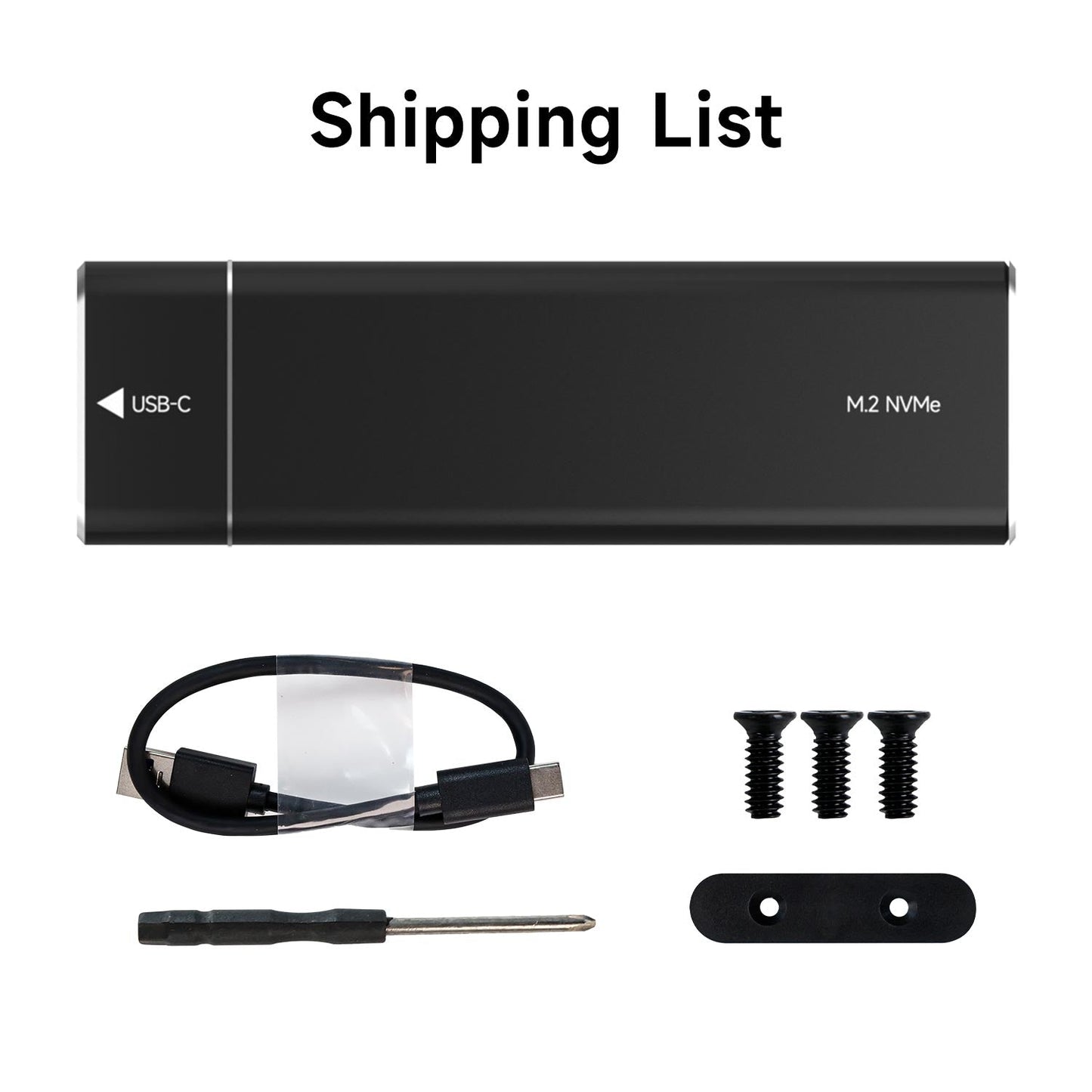 Package contents: M.2 NVMe enclosure, USB cable, screwdriver, mounting screws, and small bracket