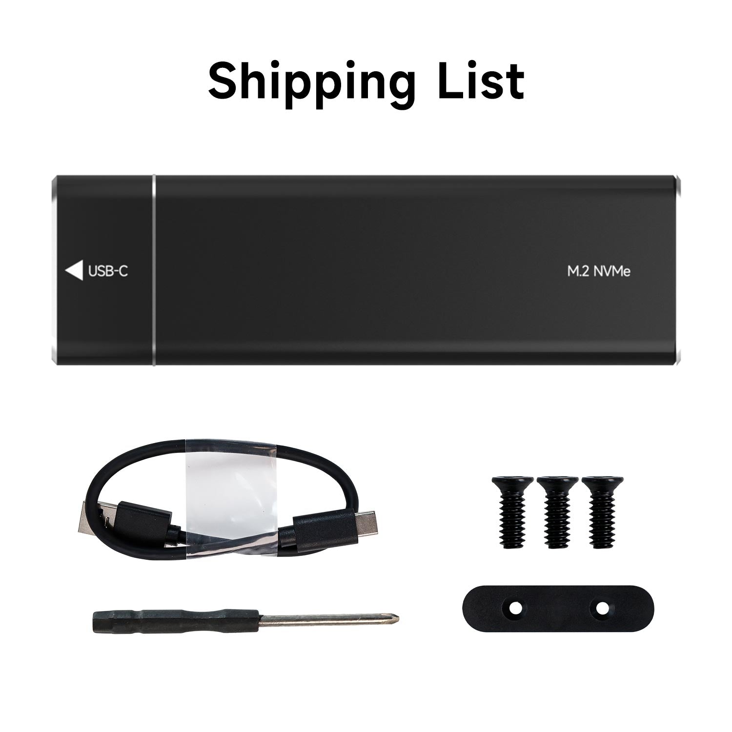 Package contents: M.2 NVMe enclosure, USB cable, screwdriver, mounting screws, and small bracket