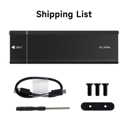 Package contents: M.2 NVMe enclosure, USB cable, screwdriver, mounting screws, and small bracket