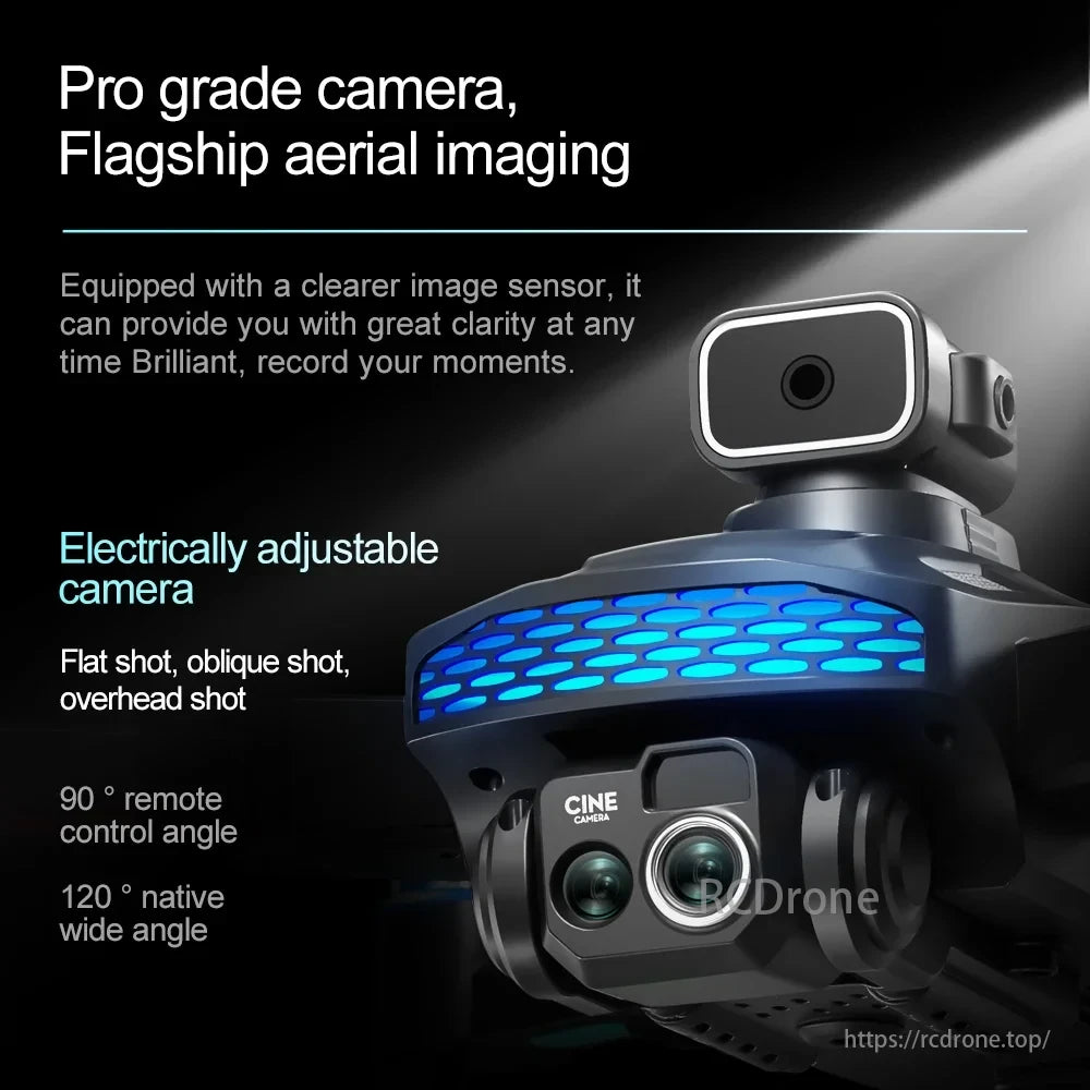 M6 Drone, Pro-grade camera with clear sensor, electrically adjustable for flat, oblique, overhead shots, 90° remote control, 120° wide angle.