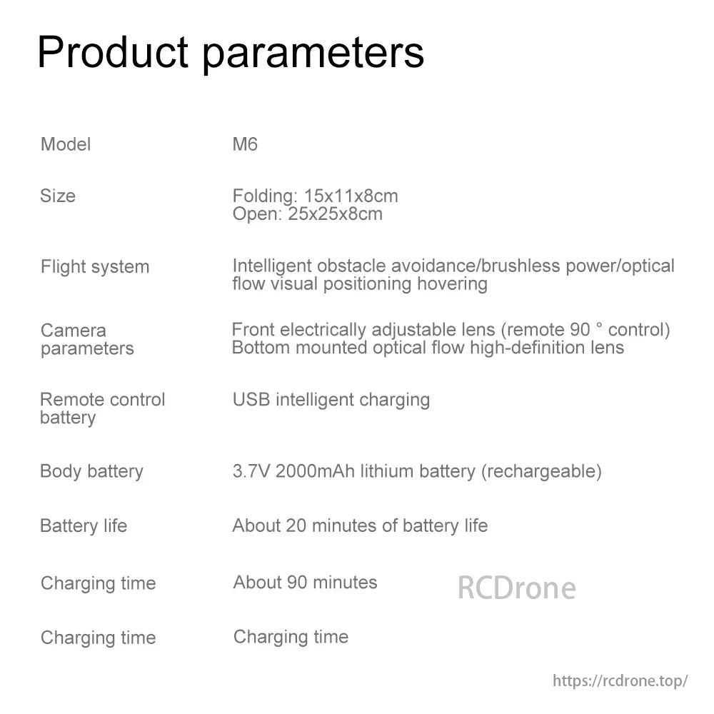 M6 drone: Foldable (15x11x8cm), opens to 25x25x8cm, intelligent obstacle avoidance, brushless motor, optical flow, adjustable HD camera, 20 min flight, 90 min charge.