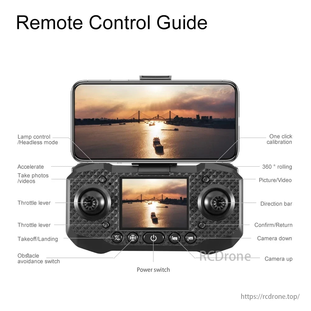 M6 Drone, Remote Control Guide: Lamp, headless mode, accelerate, photo/video, throttle, obstacle avoidance, power, camera controls.
